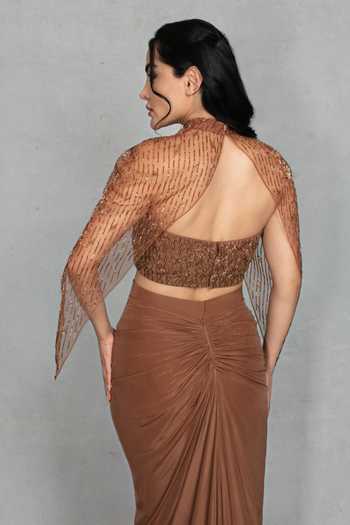 Buy_Bohame_Brown Crepe, Net Sweetheart Neck, High Meher Embroidered Cape And Draped Skirt Set 
