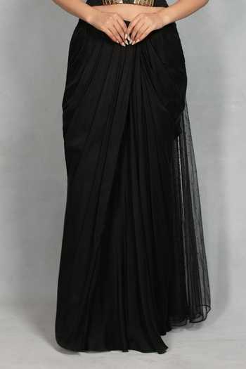 Bohame_Black Crepe, Net Sweetheart Neck Aira Embroidered Blouse And Draped Skirt Set _Online_at_Aza_Fashions