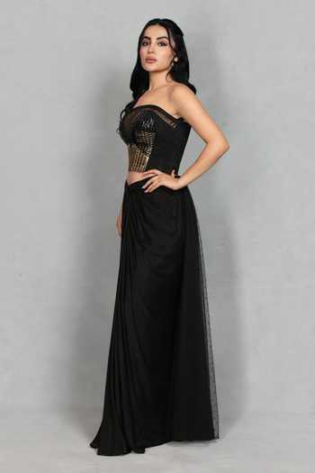 Buy_Bohame_Black Crepe, Net Sweetheart Neck Aira Embroidered Blouse And Draped Skirt Set _Online_at_Aza_Fashions