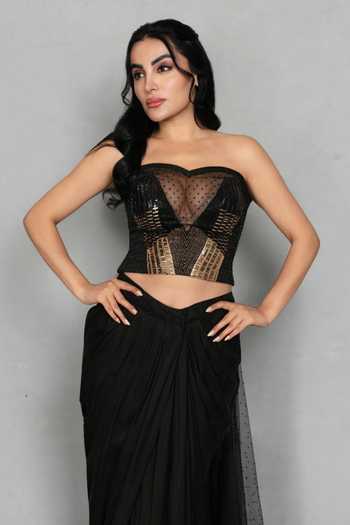 Shop_Bohame_Black Crepe, Net Sweetheart Neck Aira Embroidered Blouse And Draped Skirt Set _Online_at_Aza_Fashions