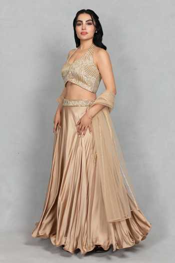 Bohame_Gold Satin, Net Halter Neck Leher Embroidered Blouse Lehenga Set _Online_at_Aza_Fashions