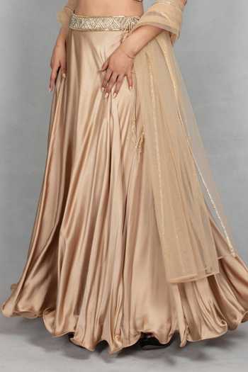 Buy_Bohame_Gold Satin, Net Halter Neck Leher Embroidered Blouse Lehenga Set _Online_at_Aza_Fashions