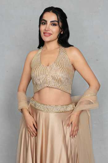 Shop_Bohame_Gold Satin, Net Halter Neck Leher Embroidered Blouse Lehenga Set _Online_at_Aza_Fashions