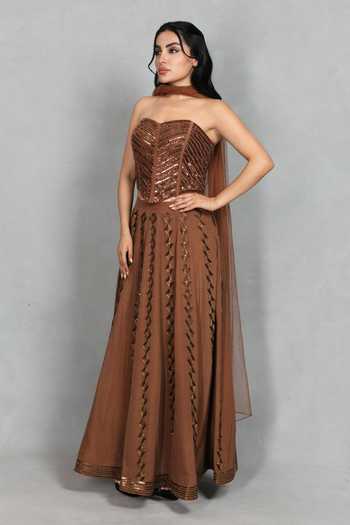 Bohame_Brown Crepe, Net Embroidery, Sequins, Mirrors Nooraya Corset Lehenga Set _Online_at_Aza_Fashions