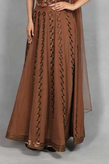 Buy_Bohame_Brown Crepe, Net Embroidery, Sequins, Mirrors Nooraya Corset Lehenga Set _Online_at_Aza_Fashions