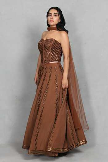 Shop_Bohame_Brown Crepe, Net Embroidery, Sequins, Mirrors Nooraya Corset Lehenga Set _Online_at_Aza_Fashions