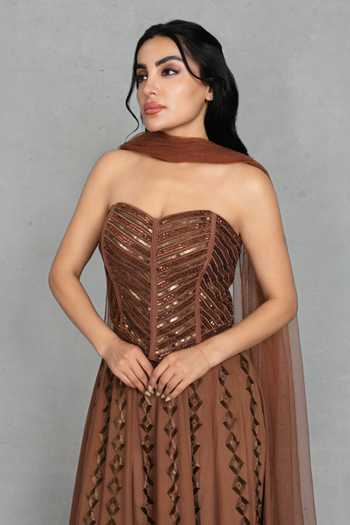 Bohame_Brown Crepe, Net Embroidery, Sequins, Mirrors Nooraya Corset Lehenga Set _at_Aza_Fashions