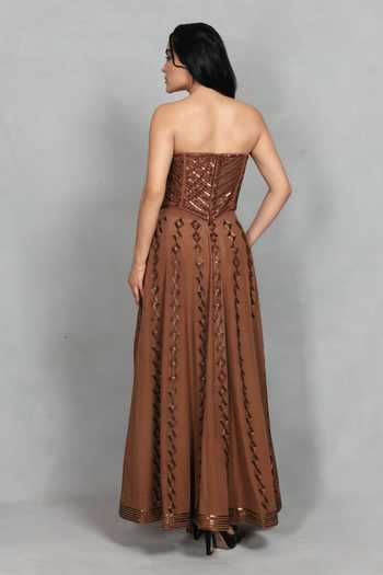 Buy_Bohame_Brown Crepe, Net Embroidery, Sequins, Mirrors Nooraya Corset Lehenga Set 