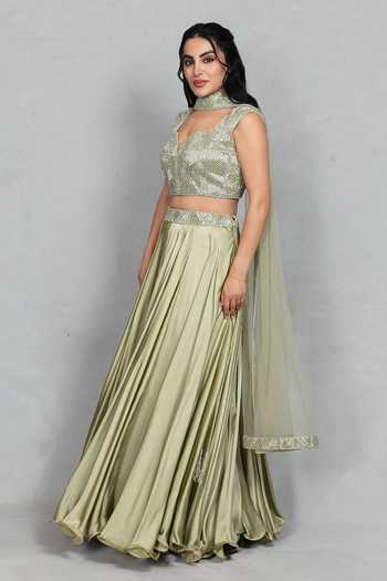 Bohame_Green Satin, Net Sweetheart Neck Alara Embroidered Blouse Lehenga Set _Online_at_Aza_Fashions
