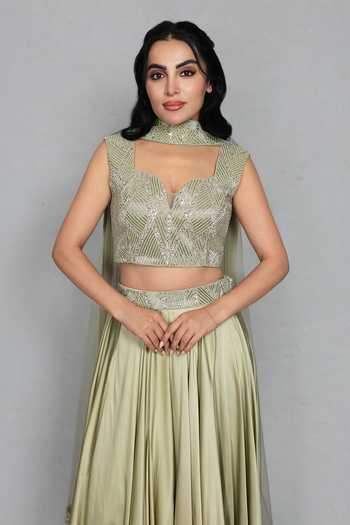 Buy_Bohame_Green Satin, Net Sweetheart Neck Alara Embroidered Blouse Lehenga Set _Online_at_Aza_Fashions