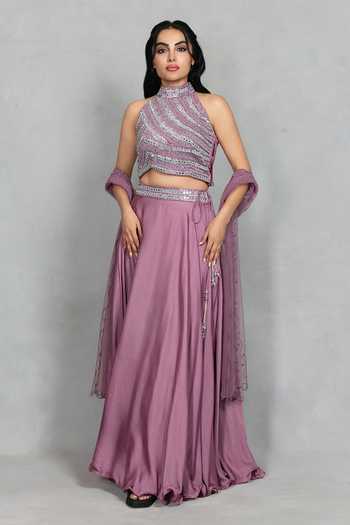 Bohame_Purple Satin, Net Halter Neck Zareen Embroidered Blouse Lehenga Set _Online_at_Aza_Fashions