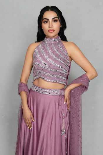 Buy_Bohame_Purple Satin, Net Halter Neck Zareen Embroidered Blouse Lehenga Set _Online_at_Aza_Fashions