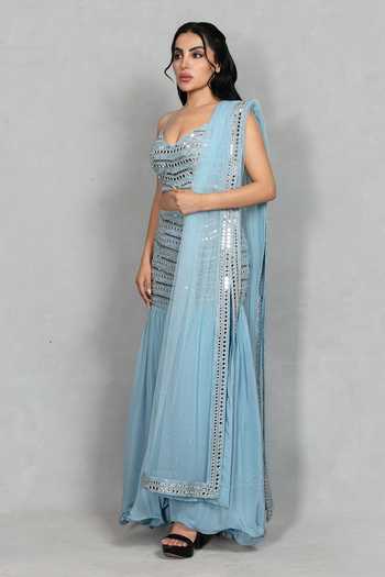 Bohame_Blue Net, Crepe V-neck Rajasi Embroidered Blouse Skirt Set _Online_at_Aza_Fashions