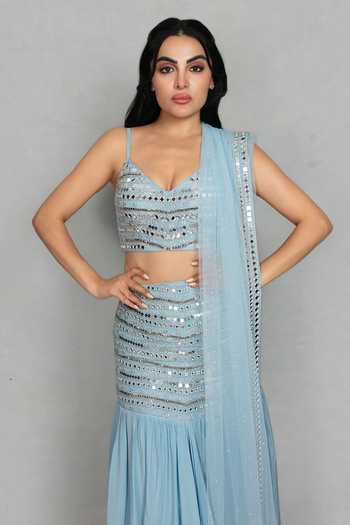 Buy_Bohame_Blue Net, Crepe V-neck Rajasi Embroidered Blouse Skirt Set _Online_at_Aza_Fashions