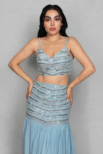 Shop_Bohame_Blue Net, Crepe V-neck Rajasi Embroidered Blouse Skirt Set _Online_at_Aza_Fashions
