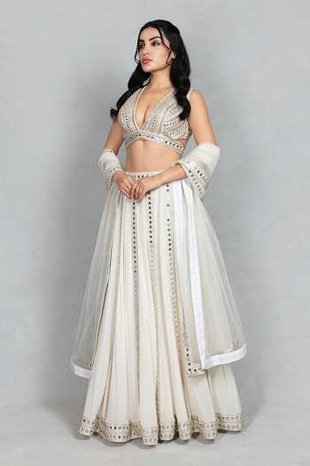 Bohame_Off White Crepe, Net Halter Neck Amrapali Mirror Embroidered Lehenga Set _Online_at_Aza_Fashions
