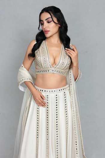 Buy_Bohame_Off White Crepe, Net Halter Neck Amrapali Mirror Embroidered Lehenga Set _Online_at_Aza_Fashions