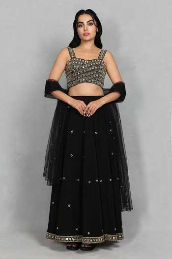 Bohame_Black Crepe, Net Sweetheart Neck Nazneen Mirror Embroidered Lehenga Set _Online_at_Aza_Fashions