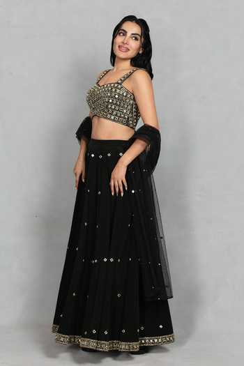 Buy_Bohame_Black Crepe, Net Sweetheart Neck Nazneen Mirror Embroidered Lehenga Set _Online_at_Aza_Fashions