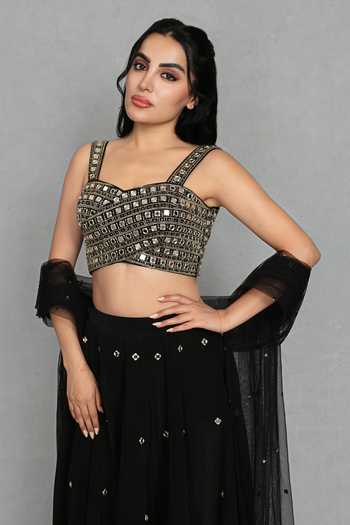 Shop_Bohame_Black Crepe, Net Sweetheart Neck Nazneen Mirror Embroidered Lehenga Set _Online_at_Aza_Fashions