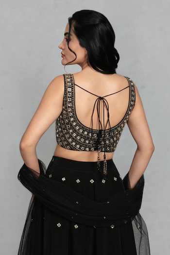 Bohame_Black Crepe, Net Sweetheart Neck Nazneen Mirror Embroidered Lehenga Set _at_Aza_Fashions