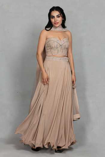 Bohame_Beige Satin, Net Embroidery, Sequins Sweetheart Neck Gulnaar Corset Lehenga Set _Online_at_Aza_Fashions