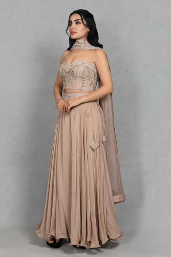Buy_Bohame_Beige Satin, Net Embroidery, Sequins Sweetheart Neck Gulnaar Corset Lehenga Set _Online_at_Aza_Fashions