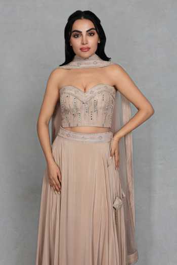 Shop_Bohame_Beige Satin, Net Embroidery, Sequins Sweetheart Neck Gulnaar Corset Lehenga Set _Online_at_Aza_Fashions