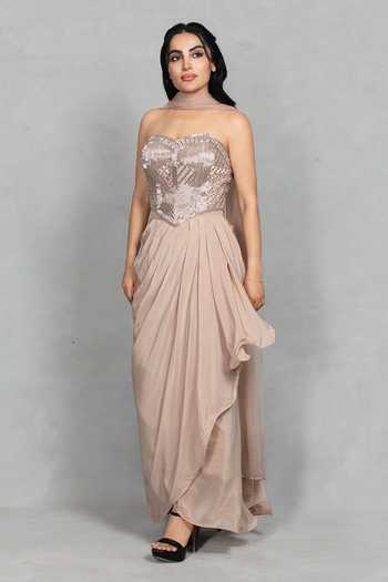 Bohame_Peach Crepe, Net Embroidery Sweetheart Neck Shahzadi Corset Draped Skirt Set _Online_at_Aza_Fashions