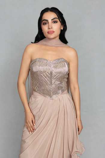Buy_Bohame_Peach Crepe, Net Embroidery Sweetheart Neck Shahzadi Corset Draped Skirt Set _Online_at_Aza_Fashions