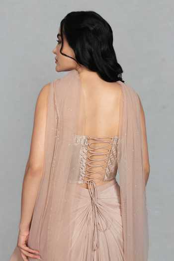 Shop_Bohame_Peach Crepe, Net Embroidery Sweetheart Neck Shahzadi Corset Draped Skirt Set _Online_at_Aza_Fashions