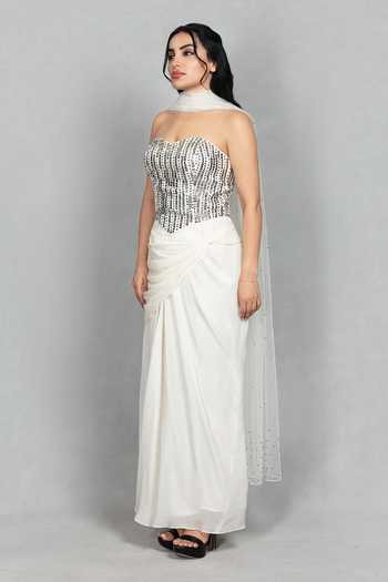 Bohame_White Net, Crepe Sequins, Mirrors Aabshar Embroidered Corset Draped Skirt Set _Online_at_Aza_Fashions