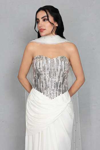 Buy_Bohame_White Net, Crepe Sequins, Mirrors Aabshar Embroidered Corset Draped Skirt Set _Online_at_Aza_Fashions