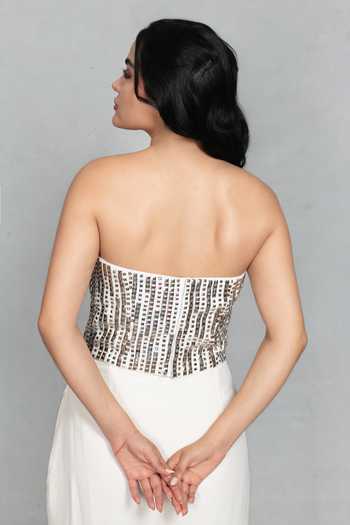 Shop_Bohame_White Net, Crepe Sequins, Mirrors Aabshar Embroidered Corset Draped Skirt Set _Online_at_Aza_Fashions