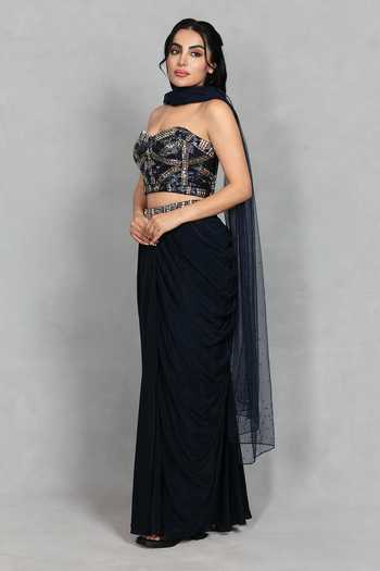 Bohame_Blue Crepe, Net Sequins, Stones Aina Embroidered Corset Draped Skirt Set _Online_at_Aza_Fashions