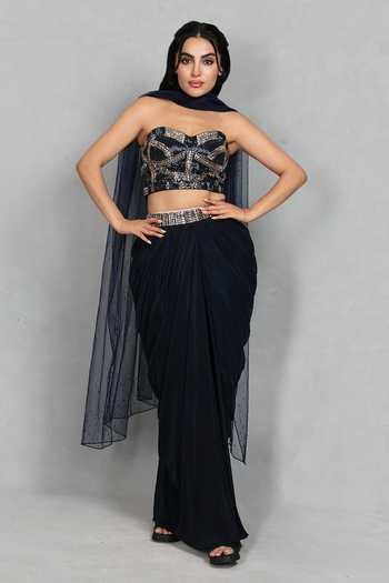 Buy_Bohame_Blue Crepe, Net Sequins, Stones Aina Embroidered Corset Draped Skirt Set _Online_at_Aza_Fashions