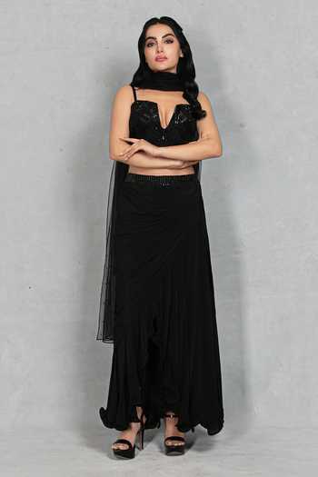 Bohame_Black Crepe, Net Plunge Neck Aks Embroidered Blouse Skirt Set _Online_at_Aza_Fashions