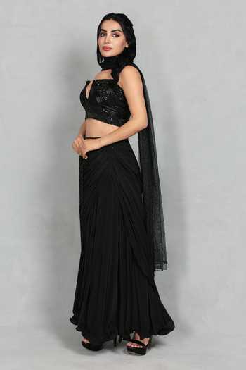 Buy_Bohame_Black Crepe, Net Plunge Neck Aks Embroidered Blouse Skirt Set _Online_at_Aza_Fashions