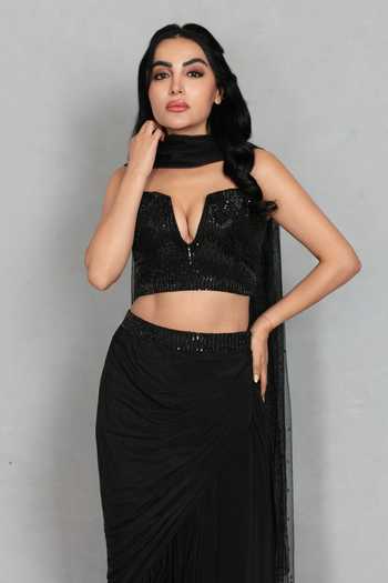 Shop_Bohame_Black Crepe, Net Plunge Neck Aks Embroidered Blouse Skirt Set _Online_at_Aza_Fashions