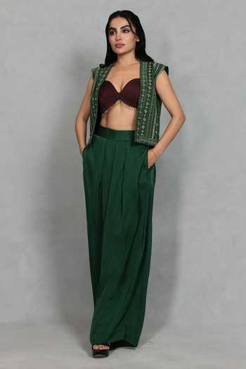 Bohame Green Satin Beads Open , Sweetheart Saaz Crop Jacket And Flared Pant Set Online at Aza Fashions Bohame_Green Satin Beads Open , Sweetheart Saaz Crop Jacket And Flared Pant Set _Online_at_Aza_Fashions