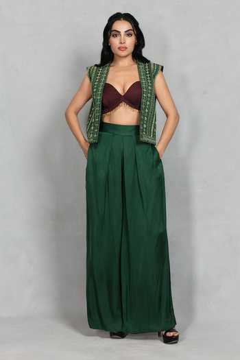 Buy Bohame Green Satin Beads Open , Sweetheart Saaz Crop Jacket And Flared Pant Set Online at Aza Fashions Buy_Bohame_Green Satin Beads Open , Sweetheart Saaz Crop Jacket And Flared Pant Set _Online_at_Aza_Fashions