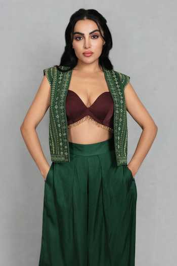 Shop Bohame Green Satin Beads Open , Sweetheart Saaz Crop Jacket And Flared Pant Set Online at Aza Fashions Shop_Bohame_Green Satin Beads Open , Sweetheart Saaz Crop Jacket And Flared Pant Set _Online_at_Aza_Fashions