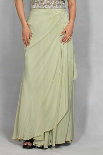 Bohame_Green Crepe Halter Neck Virsa Embroidered Blouse And Draped Skirt Set _Online_at_Aza_Fashions