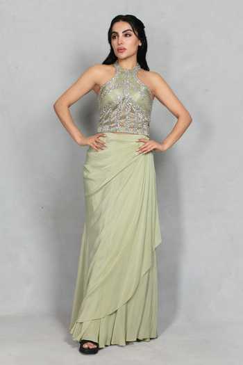 Buy_Bohame_Green Crepe Halter Neck Virsa Embroidered Blouse And Draped Skirt Set _Online_at_Aza_Fashions