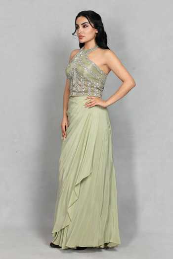 Shop_Bohame_Green Crepe Halter Neck Virsa Embroidered Blouse And Draped Skirt Set _Online_at_Aza_Fashions