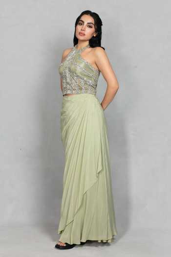 Bohame_Green Crepe Halter Neck Virsa Embroidered Blouse And Draped Skirt Set _at_Aza_Fashions