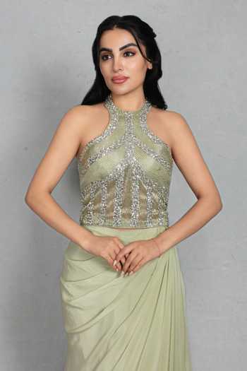 Buy_Bohame_Green Crepe Halter Neck Virsa Embroidered Blouse And Draped Skirt Set 