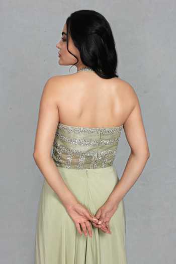 Shop_Bohame_Green Crepe Halter Neck Virsa Embroidered Blouse And Draped Skirt Set 