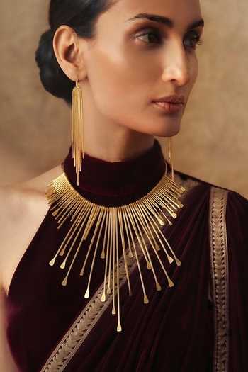 Buy_Zaza By Somya_Gold Plated Radiant Fringe Statement Necklace _Online_at_Aza_Fashions