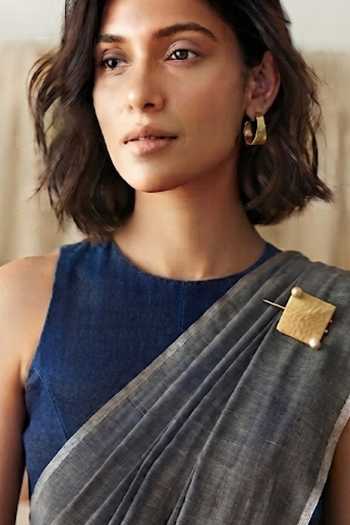 Zaza By Somya_Gold Plated Hammered Square Kilt Pin Brooch _Online_at_Aza_Fashions